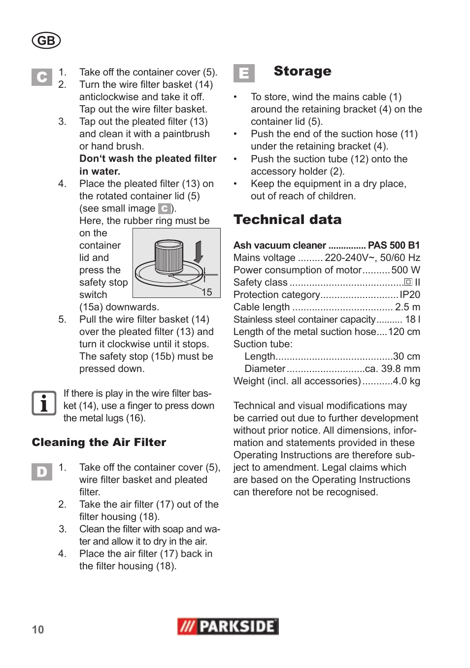 Storage, Technical data | Parkside PAS 500 B1 User Manual | Page 10 / 70