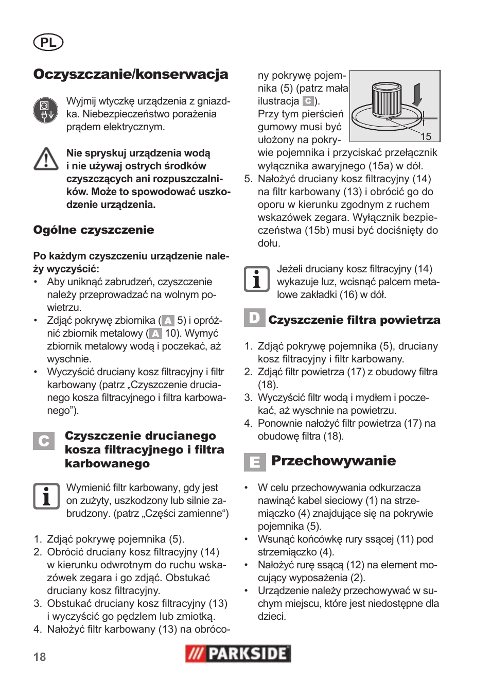 Oczyszczanie/konserwacja, Przechowywanie | Parkside PAS 500 B1 User Manual | Page 18 / 70