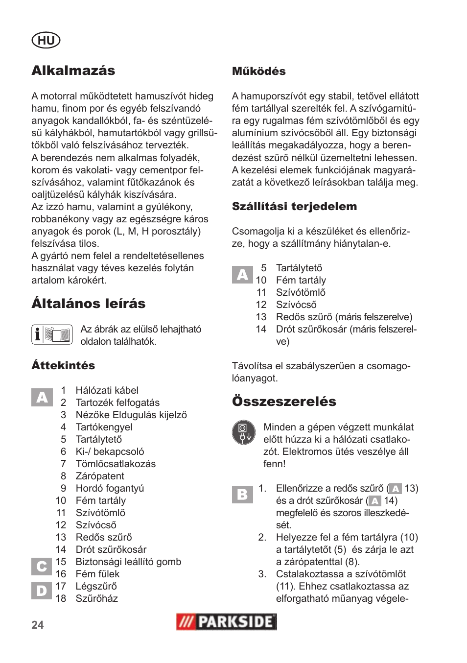 Alkalmazás, Általános leírás, Összeszerelés | Parkside PAS 500 B1 User Manual | Page 24 / 70