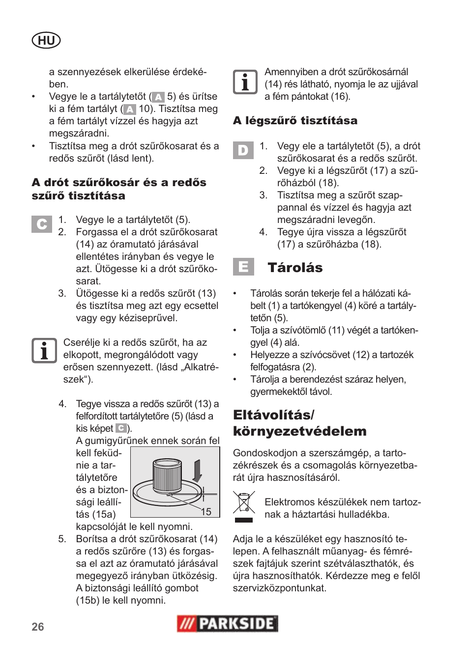Tárolás, Eltávolítás/ környezetvédelem | Parkside PAS 500 B1 User Manual | Page 26 / 70