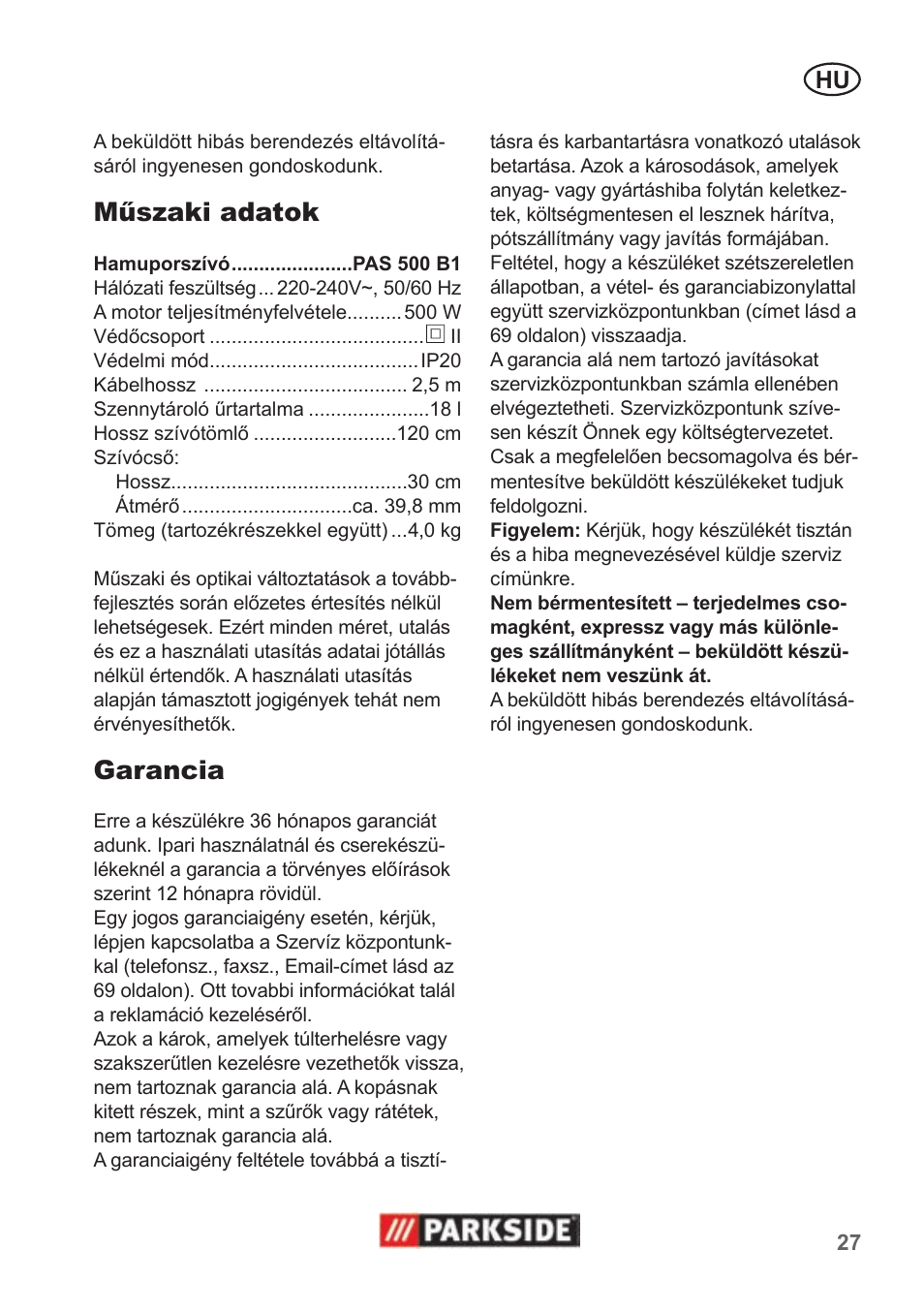 Műszaki adatok, Garancia | Parkside PAS 500 B1 User Manual | Page 27 / 70