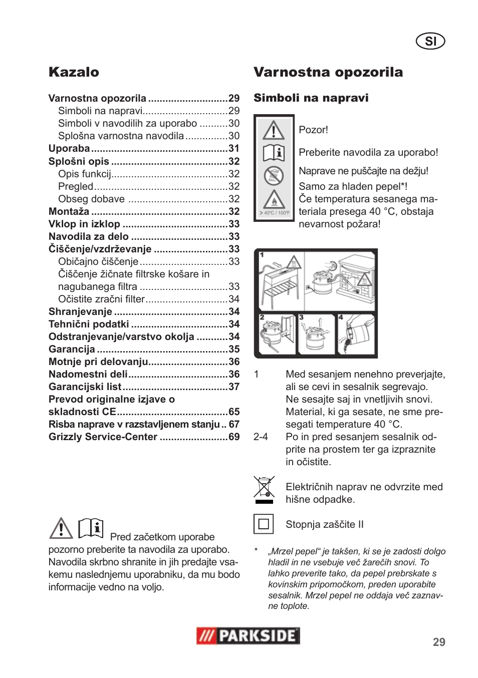 Kazalo, Varnostna opozorila | Parkside PAS 500 B1 User Manual | Page 29 / 70