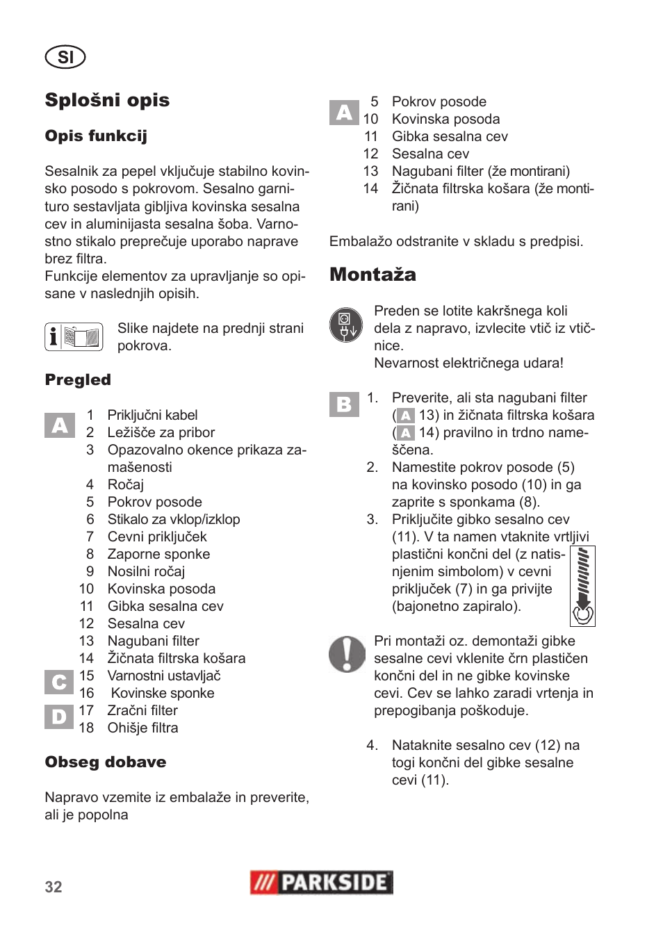 Splošni opis, Montaža | Parkside PAS 500 B1 User Manual | Page 32 / 70