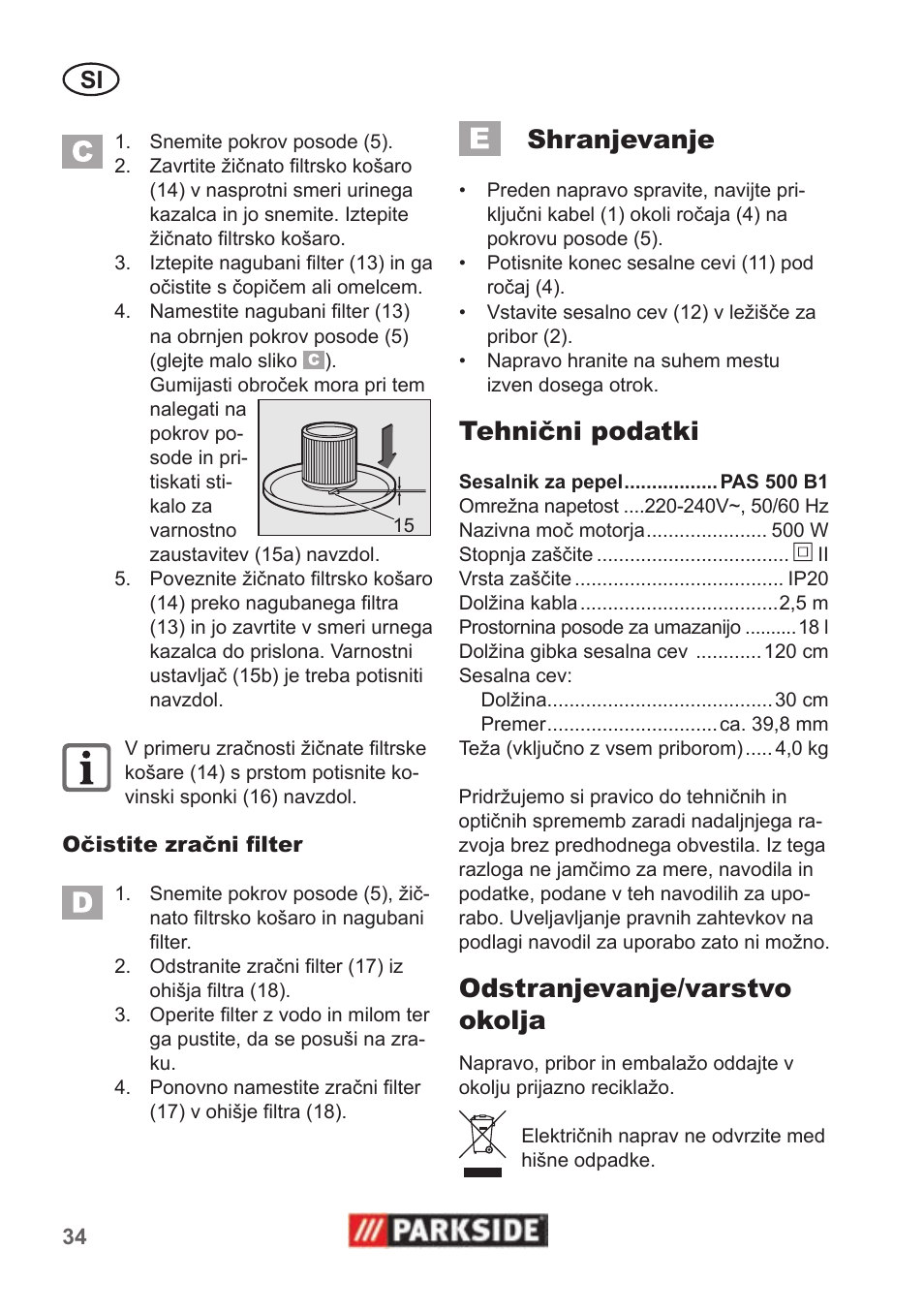 Shranjevanje, Tehnični podatki, Odstranjevanje/varstvo okolja | Parkside PAS 500 B1 User Manual | Page 34 / 70