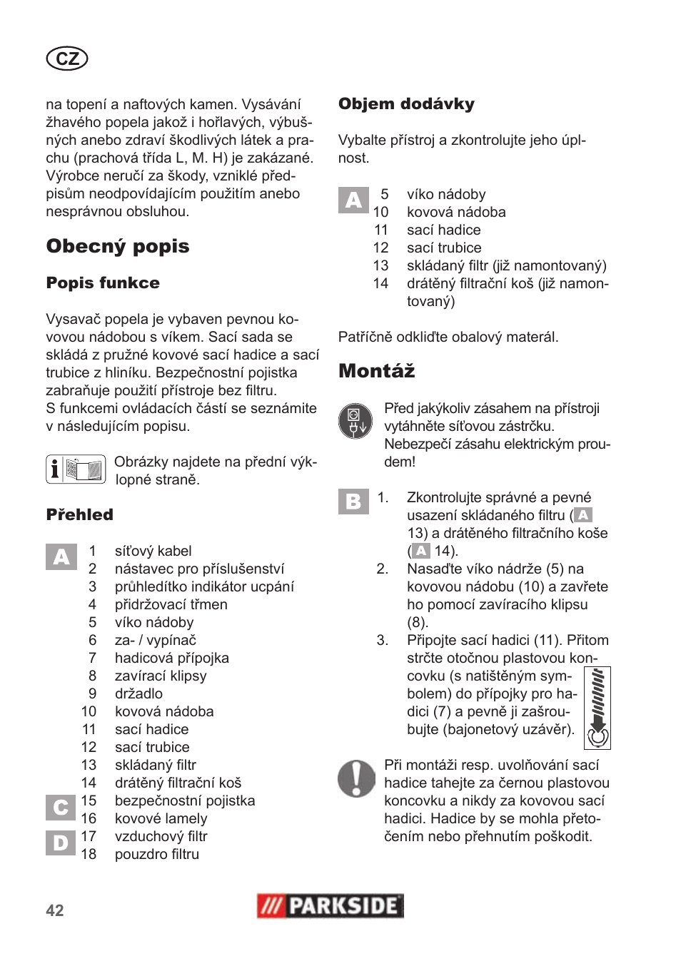 Obecný popis, Montáž | Parkside PAS 500 B1 User Manual | Page 42 / 70