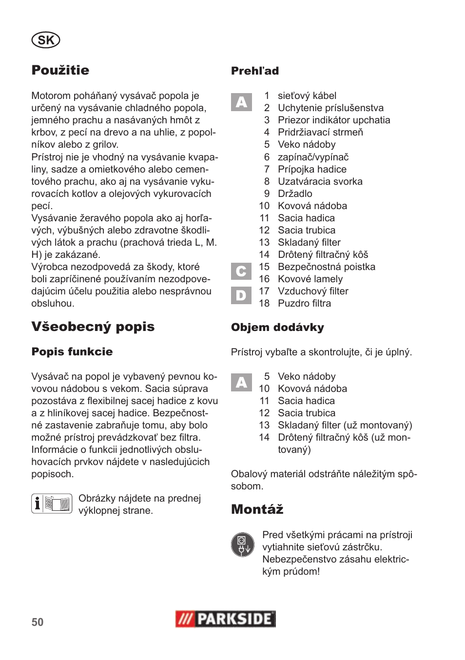 Použitie, Všeobecný popis, Montáž | Parkside PAS 500 B1 User Manual | Page 50 / 70