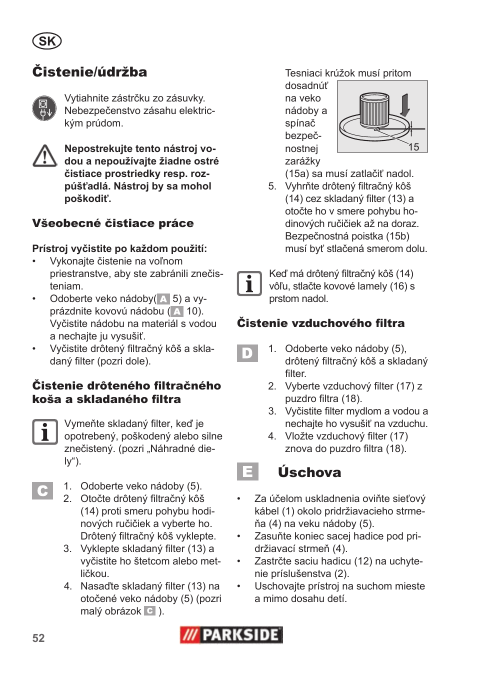 Čistenie/údržba, Úschova | Parkside PAS 500 B1 User Manual | Page 52 / 70