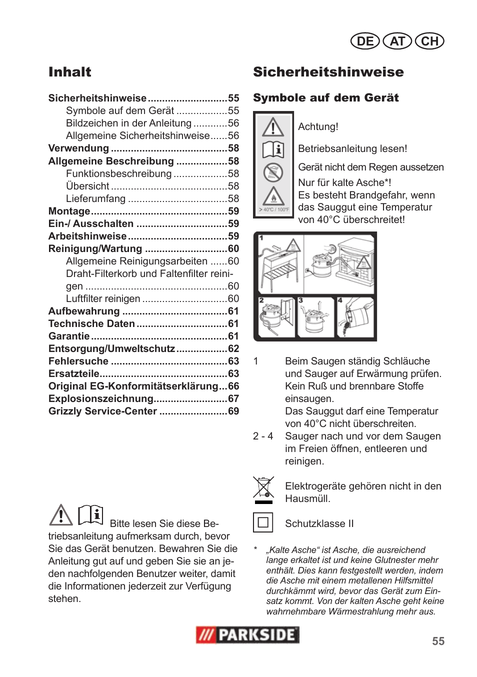 Sicherheitshinweise, Inhalt, De at ch | Parkside PAS 500 B1 User Manual | Page 55 / 70