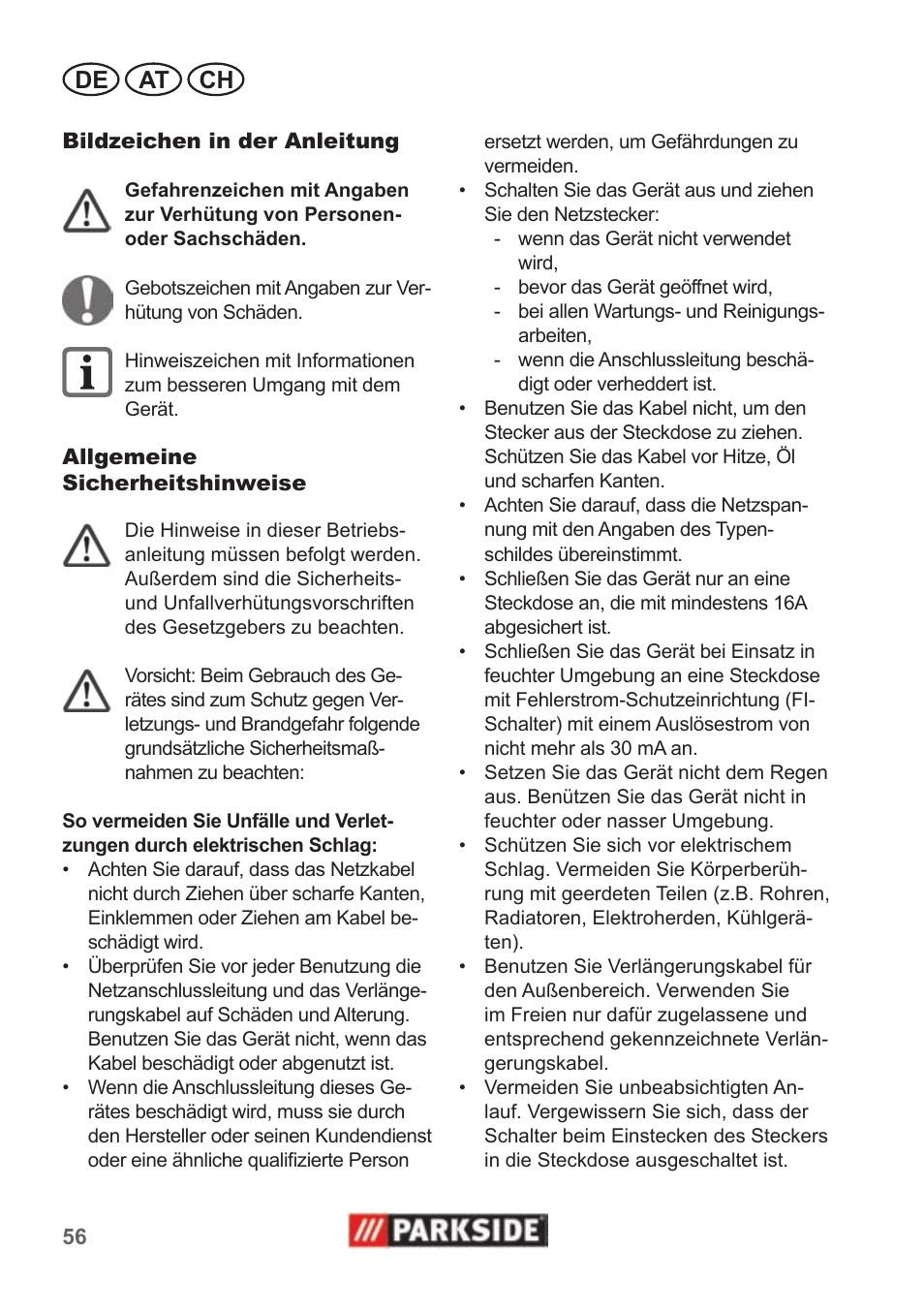 De at ch | Parkside PAS 500 B1 User Manual | Page 56 / 70