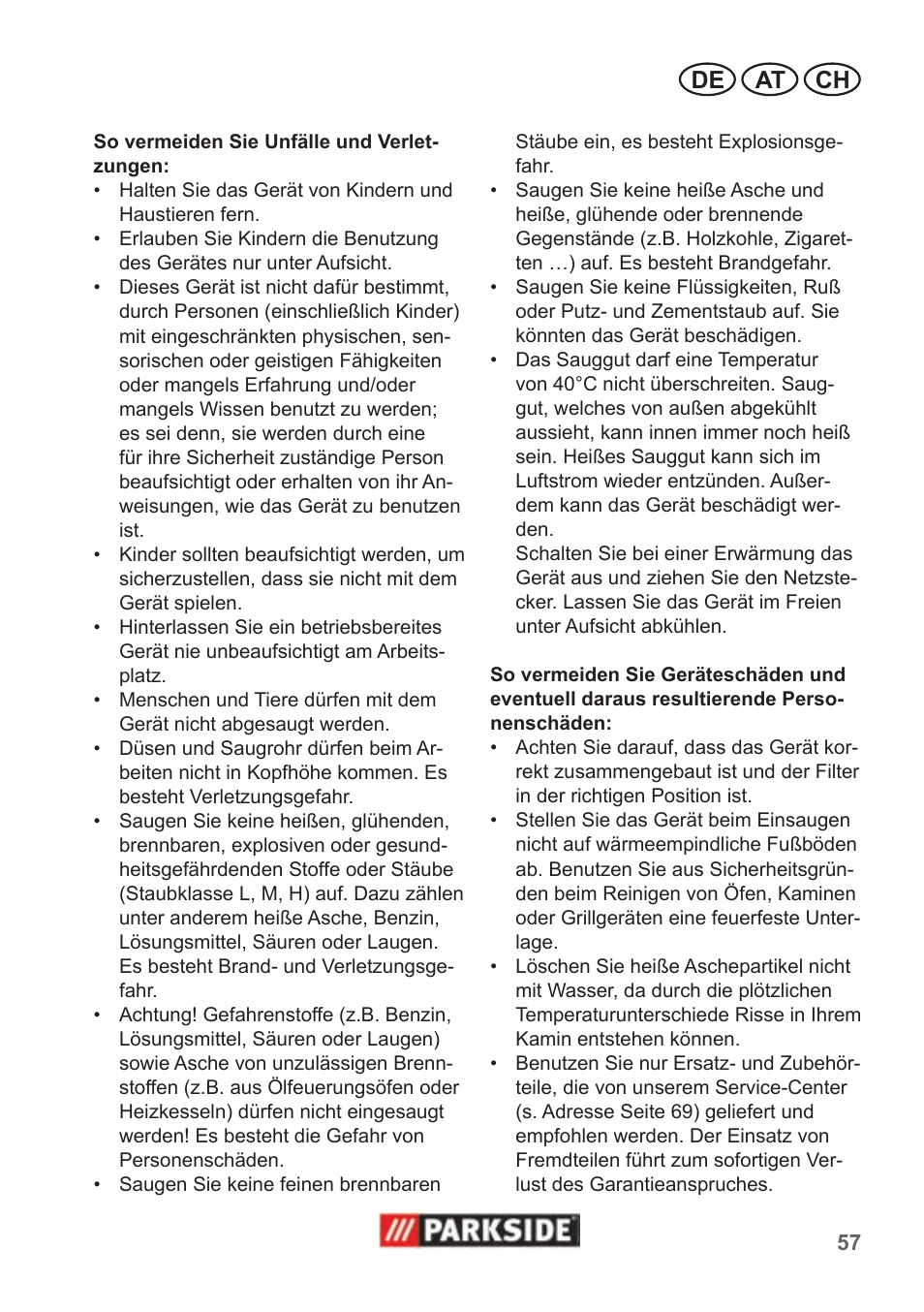 De at ch | Parkside PAS 500 B1 User Manual | Page 57 / 70