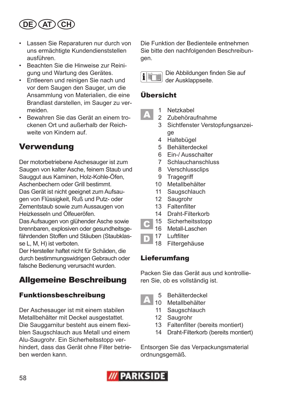 Verwendung, Allgemeine beschreibung, De at ch | Parkside PAS 500 B1 User Manual | Page 58 / 70