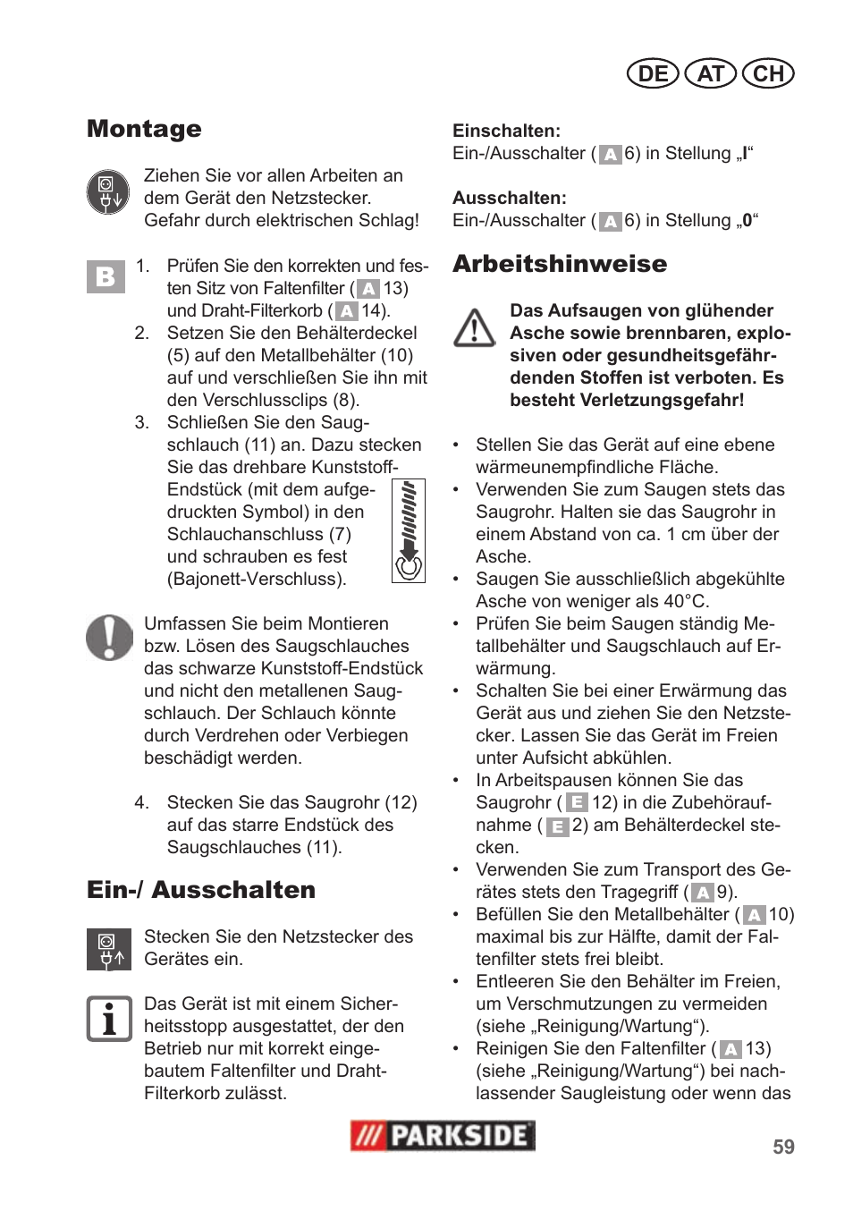 Montage, Ein-/ ausschalten, Arbeitshinweise | De at ch | Parkside PAS 500 B1 User Manual | Page 59 / 70