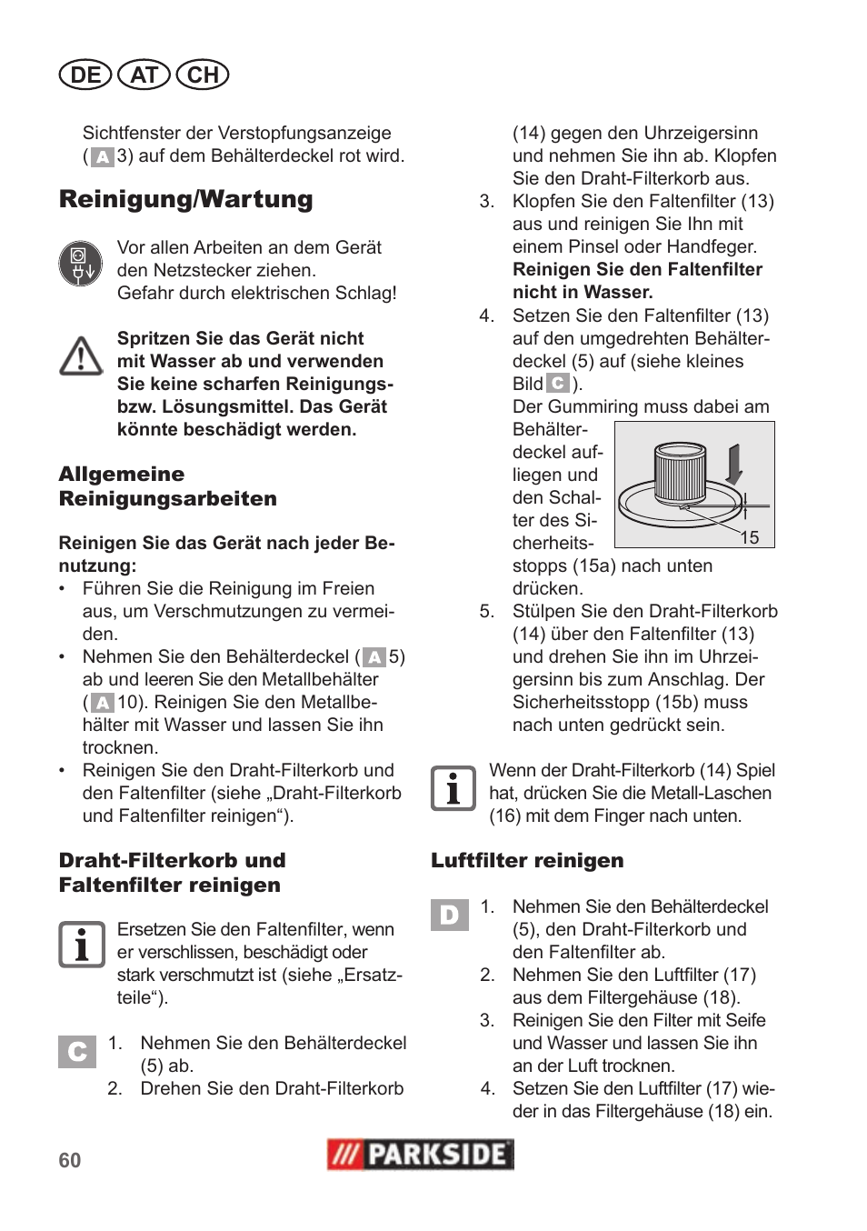 Reinigung/wartung, De at ch | Parkside PAS 500 B1 User Manual | Page 60 / 70