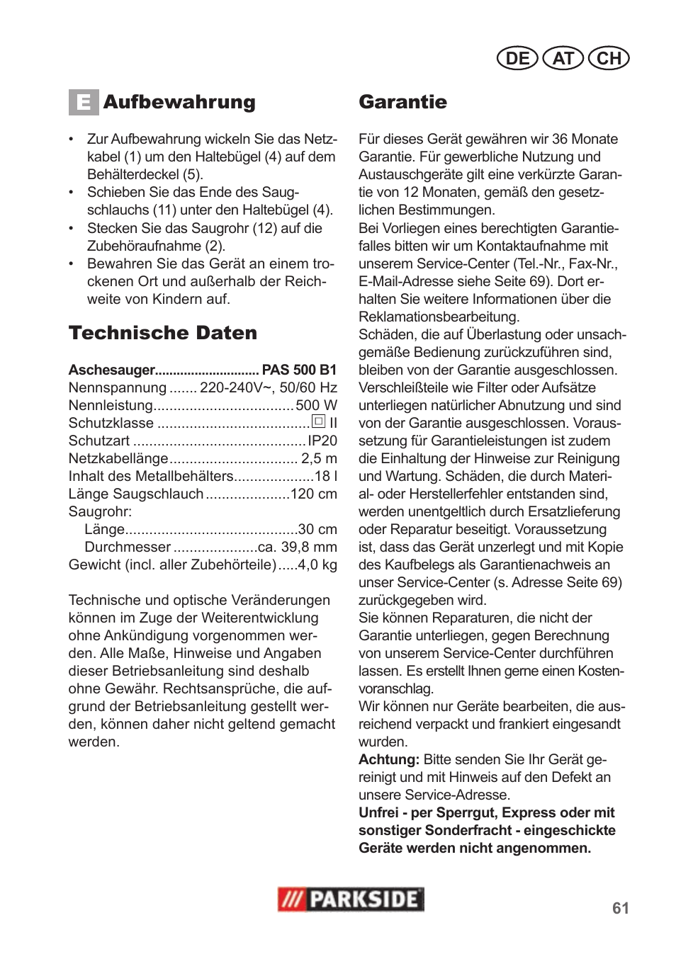 Aufbewahrung, Technische daten, Garantie | De at ch | Parkside PAS 500 B1 User Manual | Page 61 / 70