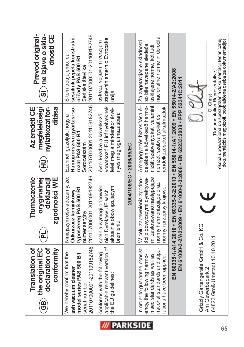 Si hu pl gb | Parkside PAS 500 B1 User Manual | Page 65 / 70
