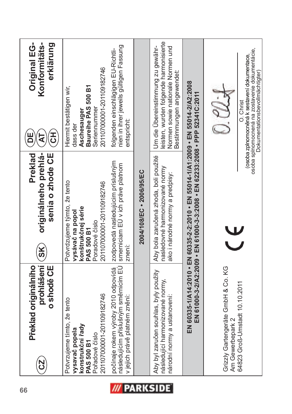 De at ch sk cz | Parkside PAS 500 B1 User Manual | Page 66 / 70