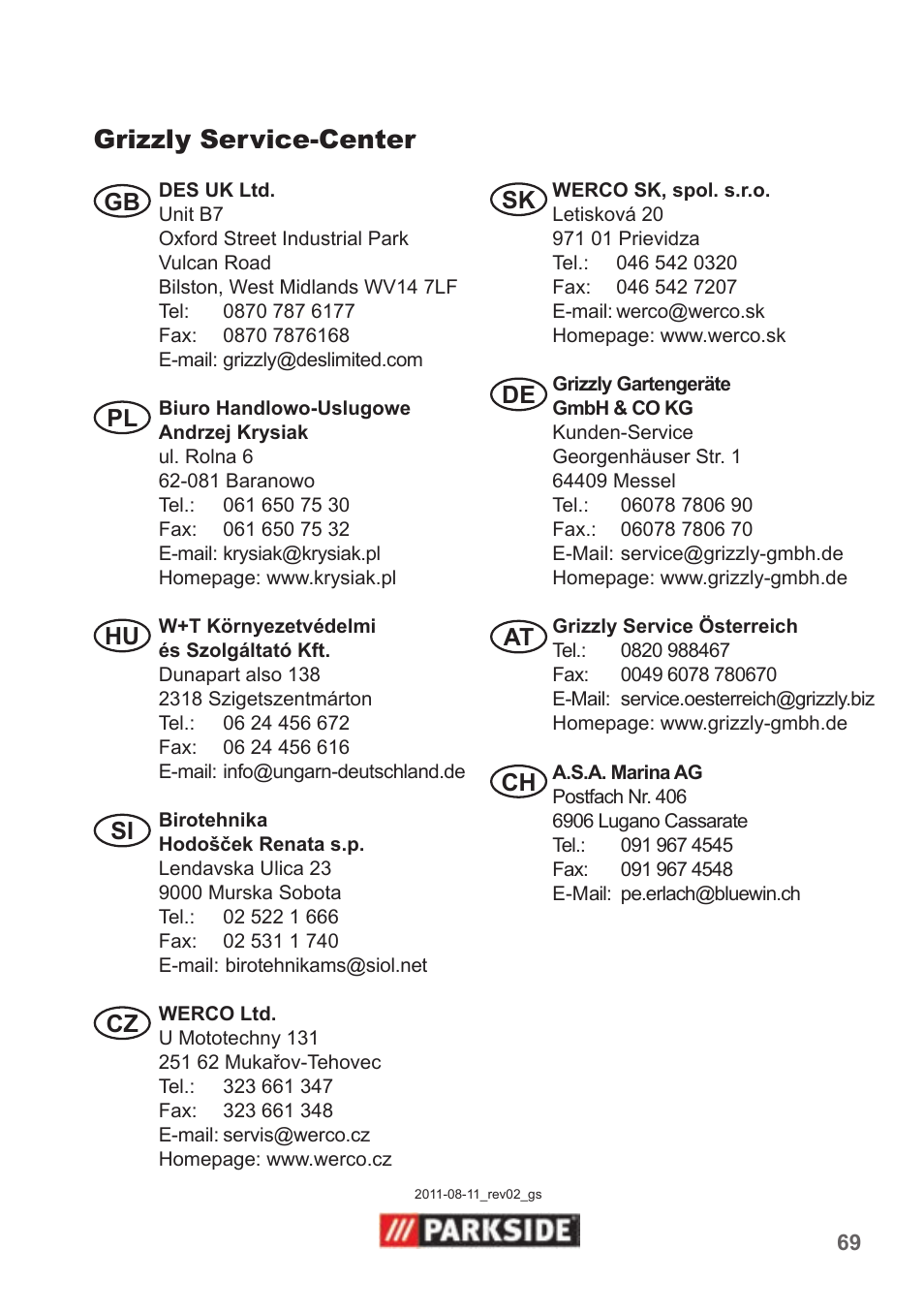 Grizzly service-center, Gb sk de at ch pl hu si cz | Parkside PAS 500 B1 User Manual | Page 69 / 70