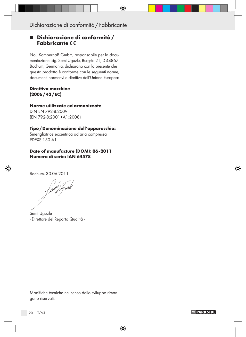 Dichiarazione di conformità / fabbricante | Parkside PDEXS 150 A1 User Manual | Page 20 / 45