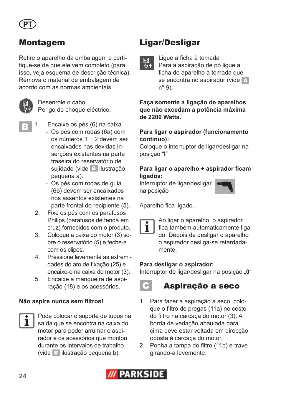 Montagem, Ligar/desligar, Aspiração a seco | Parkside PNTS 1500 A1 User Manual | Page 24 / 50