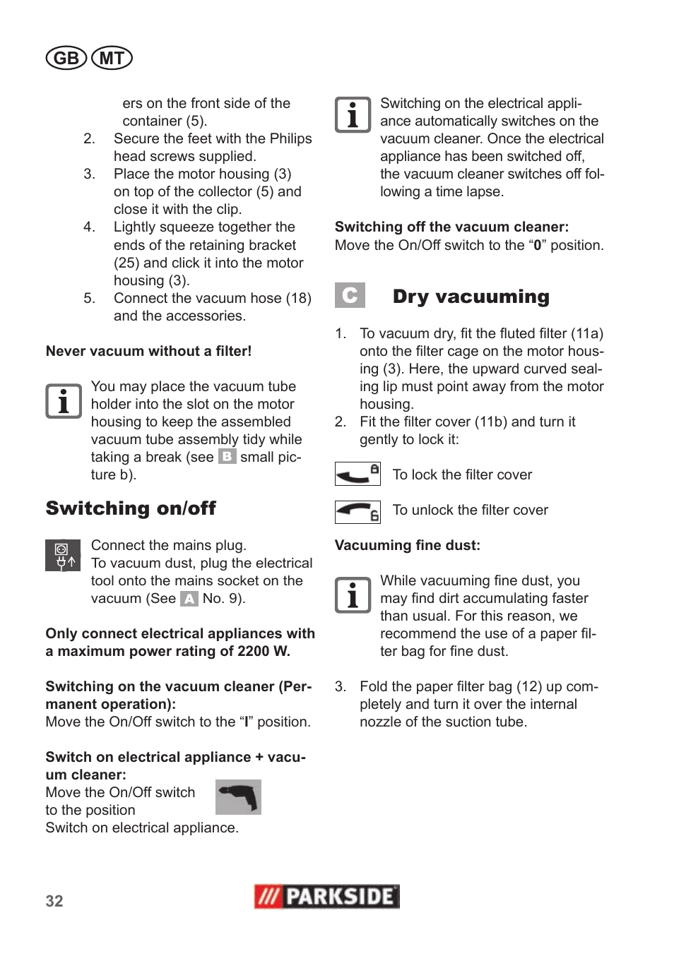 Switching on/off, Dry vacuuming, Gb mt | Parkside PNTS 1500 A1 User Manual | Page 32 / 50