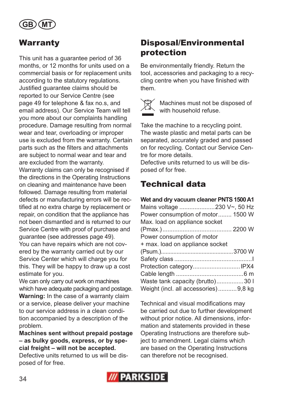 Warranty, Disposal/environmental protection, Technical data | Gb mt | Parkside PNTS 1500 A1 User Manual | Page 34 / 50