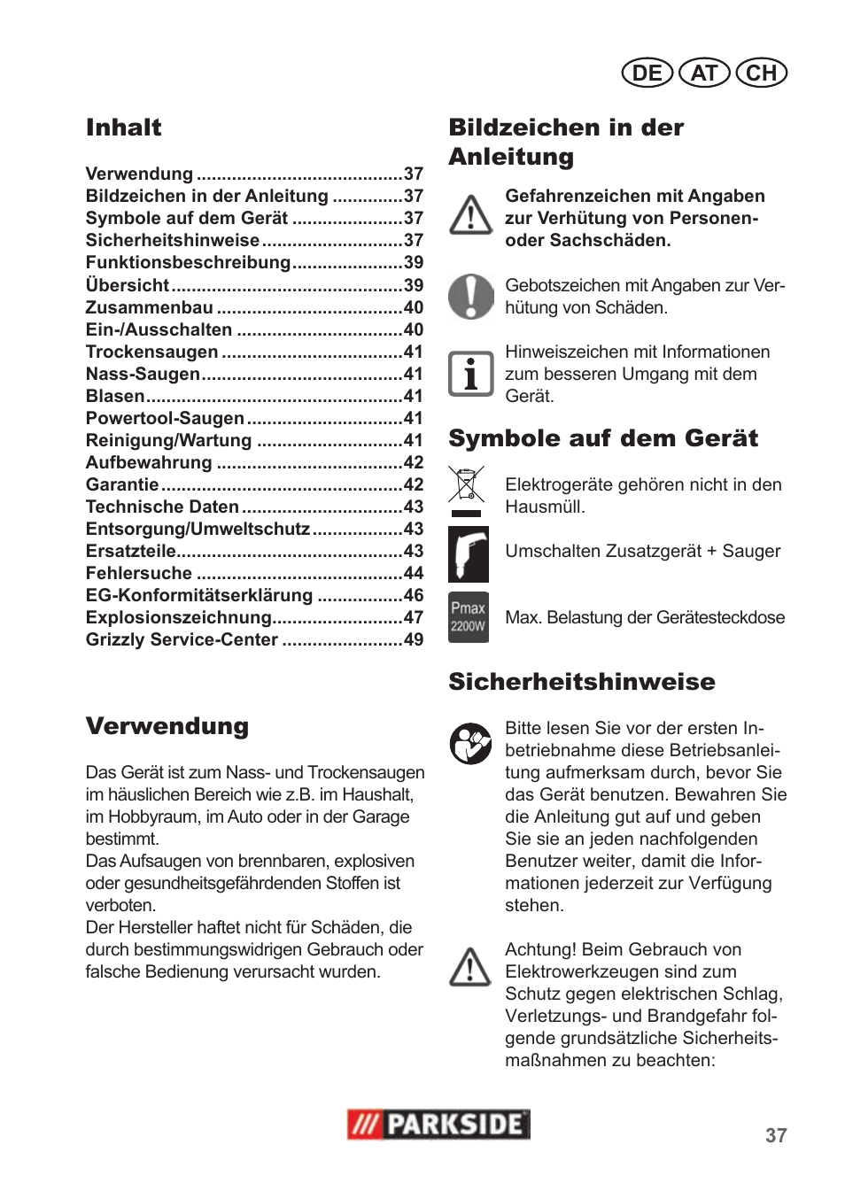 Inhalt, Verwendung, Bildzeichen in der anleitung | Symbole auf dem gerät, Sicherheitshinweise | Parkside PNTS 1500 A1 User Manual | Page 37 / 50
