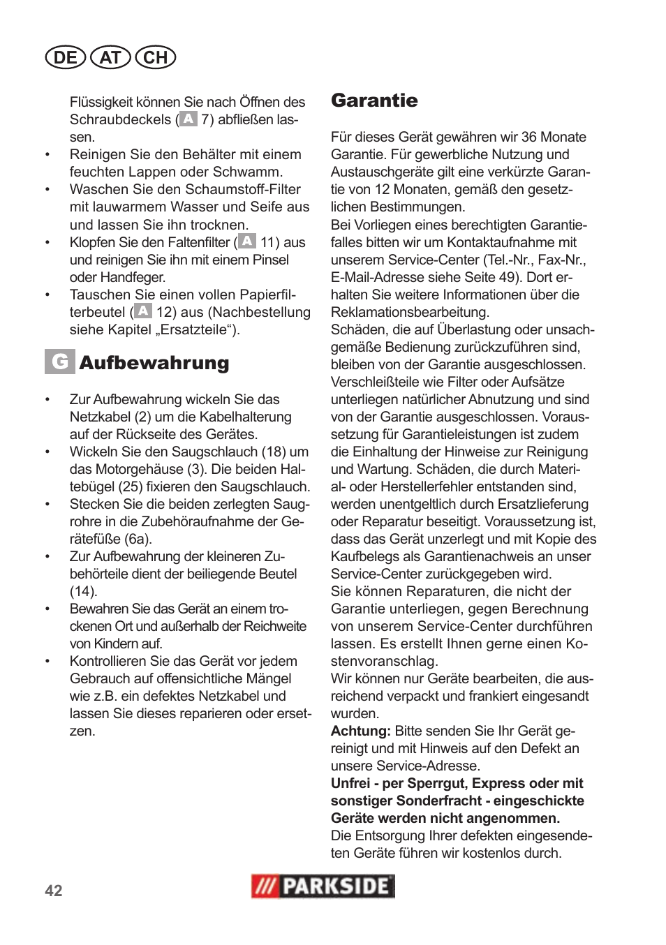 Aufbewahrung, Garantie, De at ch | Parkside PNTS 1500 A1 User Manual | Page 42 / 50
