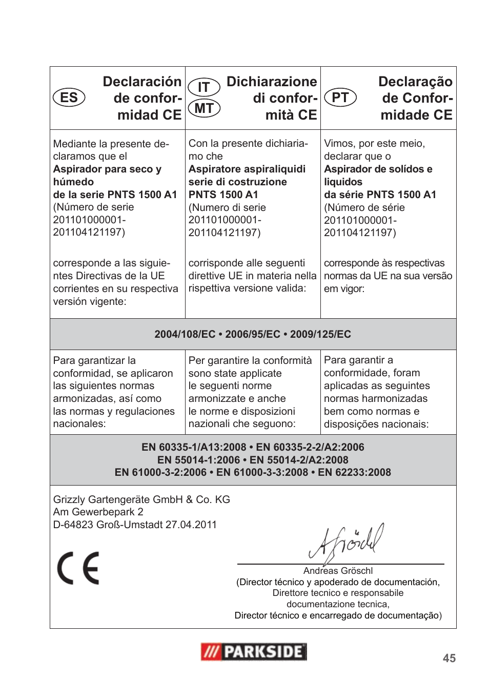 It es pt mt | Parkside PNTS 1500 A1 User Manual | Page 45 / 50