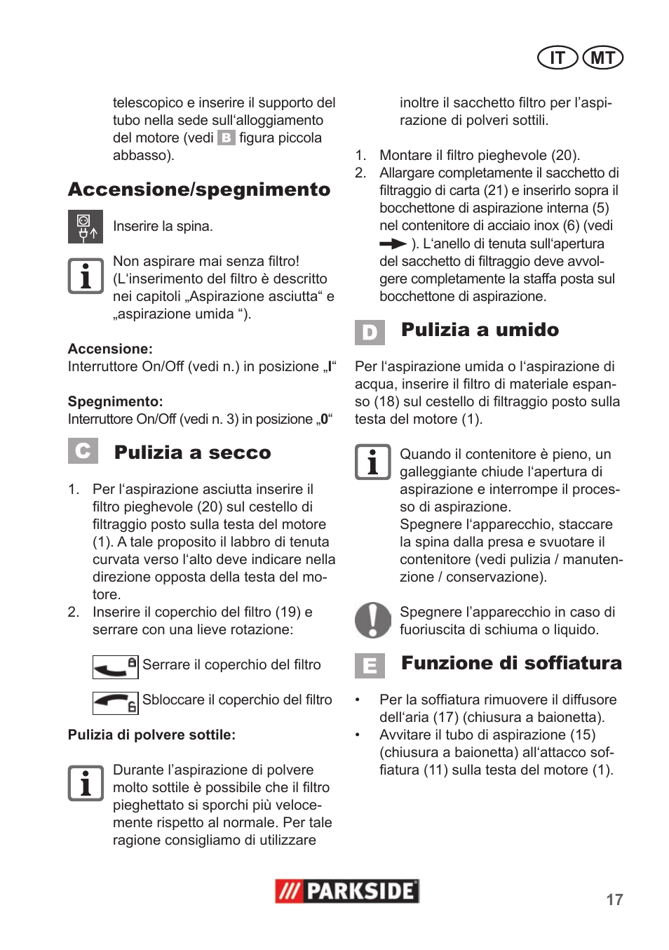 Accensione/spegnimento, Pulizia a secco, Pulizia a umido | Funzione di soffiatura, It mt | Parkside PNTS 1400 A1 User Manual | Page 17 / 50