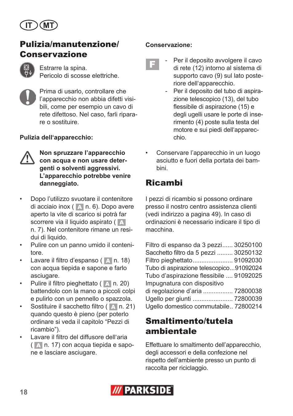 Pulizia/manutenzione/ conservazione, Ricambi, Smaltimento/tutela ambientale | Parkside PNTS 1400 A1 User Manual | Page 18 / 50