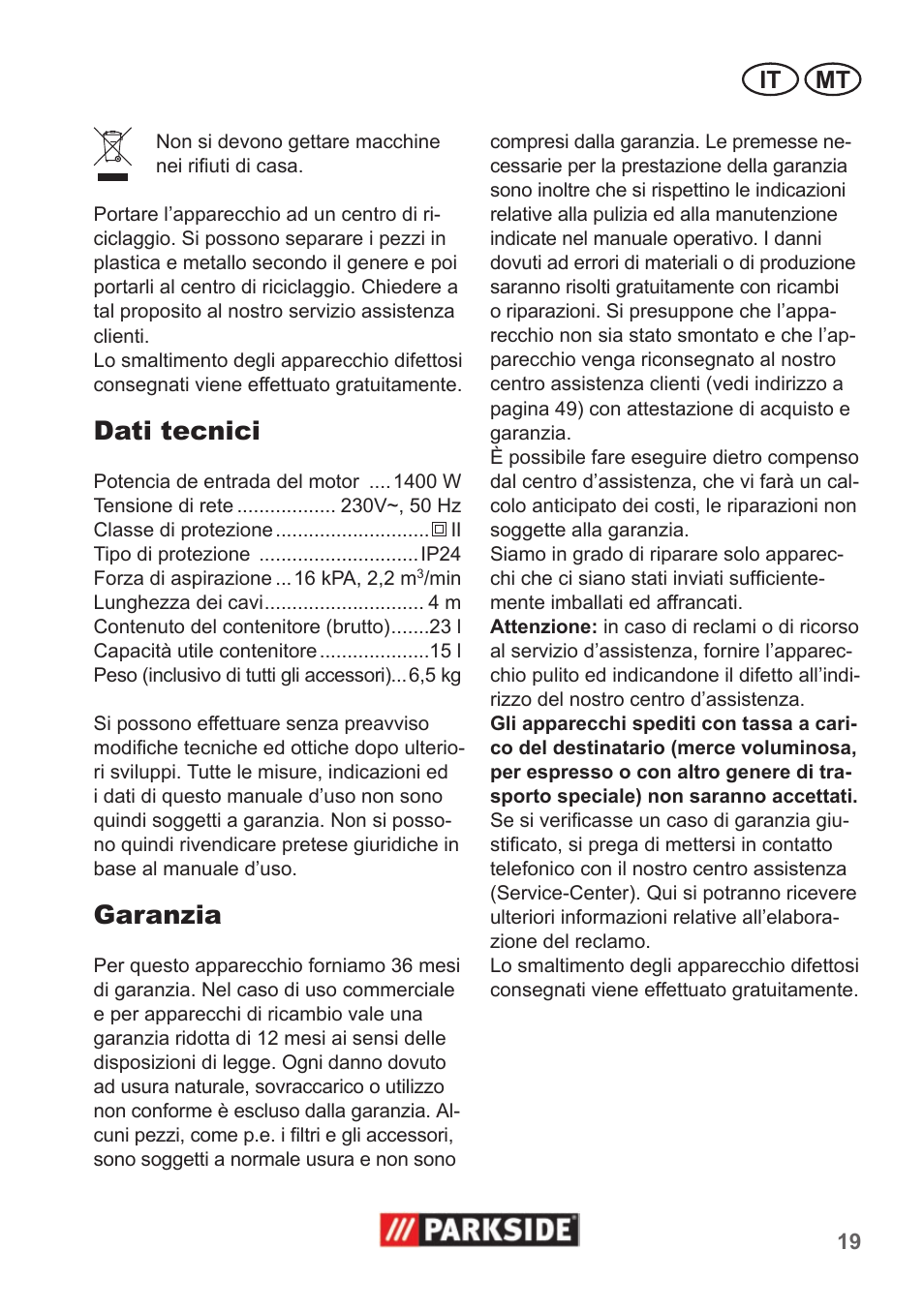 Dati tecnici, Garanzia, It mt | Parkside PNTS 1400 A1 User Manual | Page 19 / 50