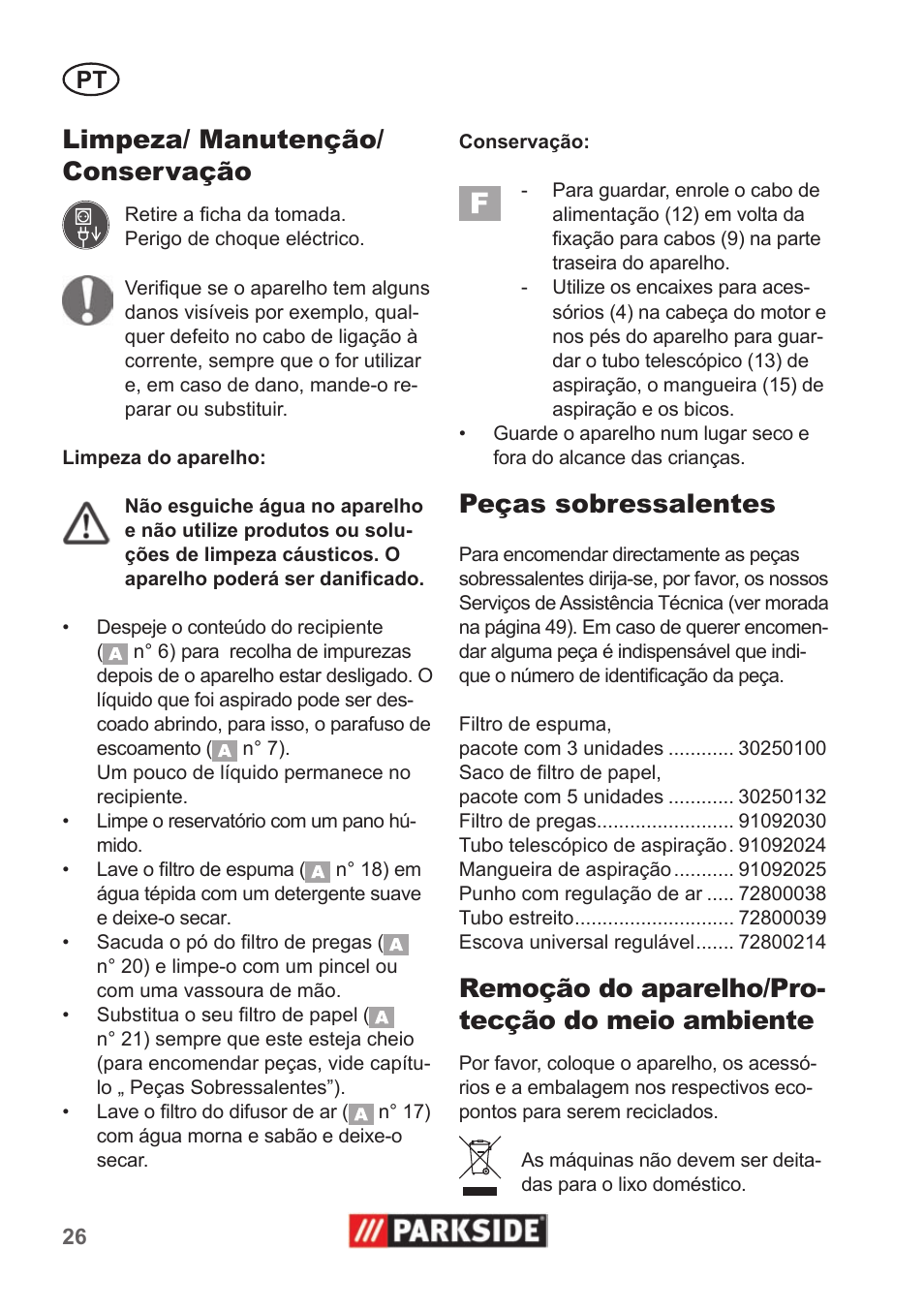Limpeza/ manutenção/ conservação, Peças sobressalentes, Remoção do aparelho/pro- tecção do meio ambiente | Parkside PNTS 1400 A1 User Manual | Page 26 / 50