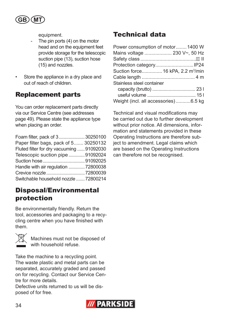 Replacement parts, Disposal/environmental protection, Technical data | Gb mt | Parkside PNTS 1400 A1 User Manual | Page 34 / 50