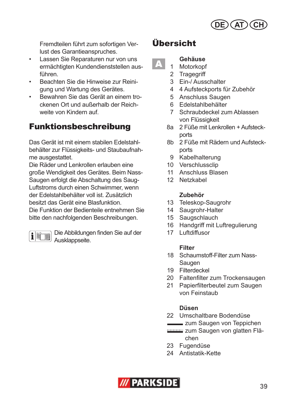 Funktionsbeschreibung, Übersicht, De at ch | Parkside PNTS 1400 A1 User Manual | Page 39 / 50