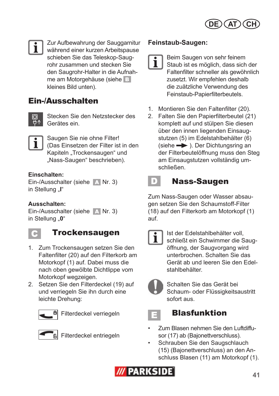 Ein-/ausschalten, Trockensaugen, Nass-saugen | Blasfunktion, De at ch | Parkside PNTS 1400 A1 User Manual | Page 41 / 50