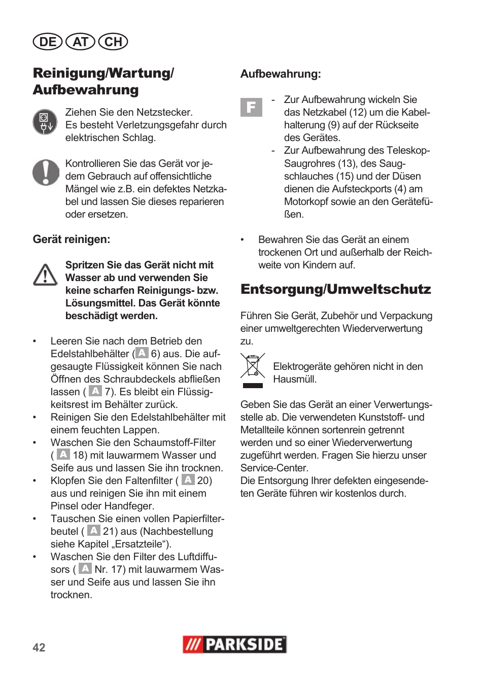 Reinigung/wartung/ aufbewahrung, Entsorgung/umweltschutz, De at ch | Parkside PNTS 1400 A1 User Manual | Page 42 / 50
