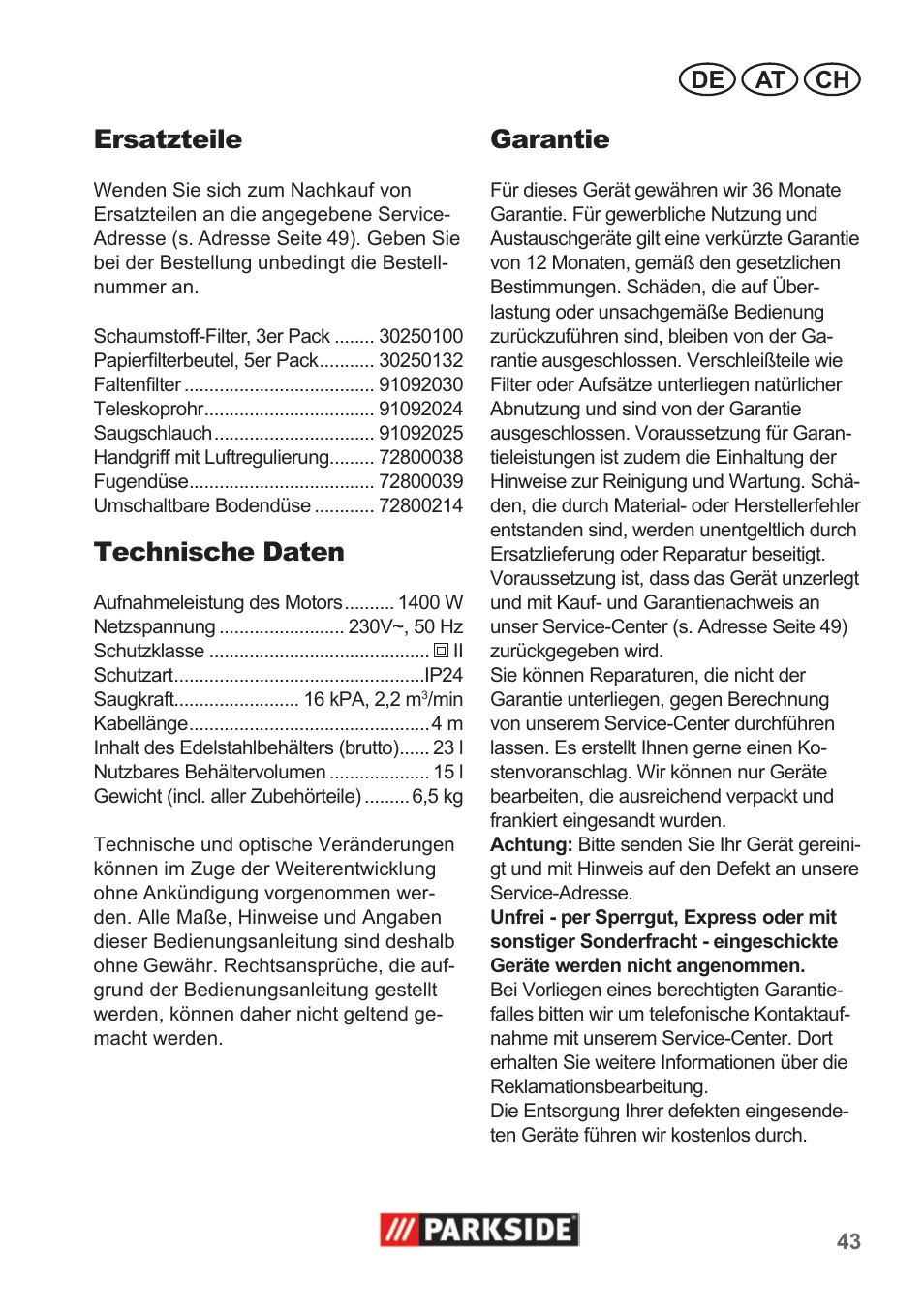 Ersatzteile, Technische daten, Garantie | De at ch | Parkside PNTS 1400 A1 User Manual | Page 43 / 50