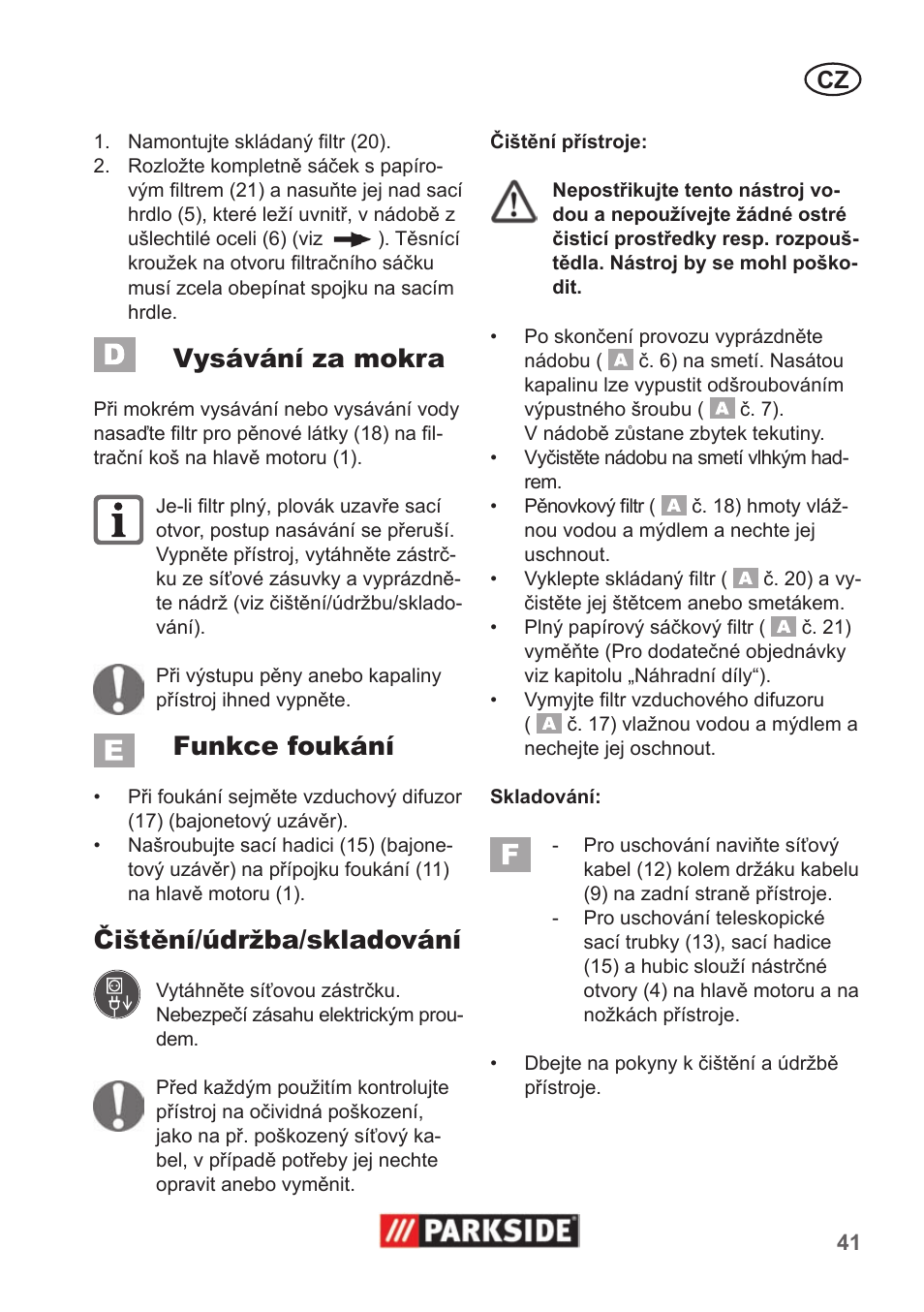 Vysávání za mokra, Funkce foukání, Čištění/údržba/skladování | Parkside PNTS 1400 A1 User Manual | Page 41 / 66