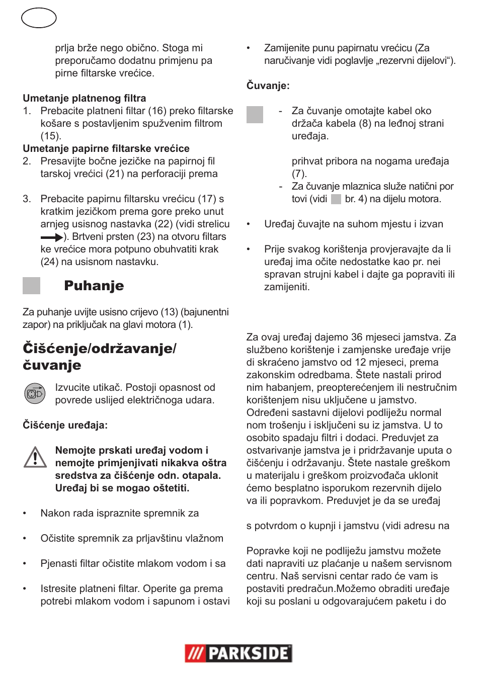 Puhanje, Čišćenje/održavanje/ čuvanje, Jamstvo | Parkside PNTS 1300 User Manual | Page 42 / 54