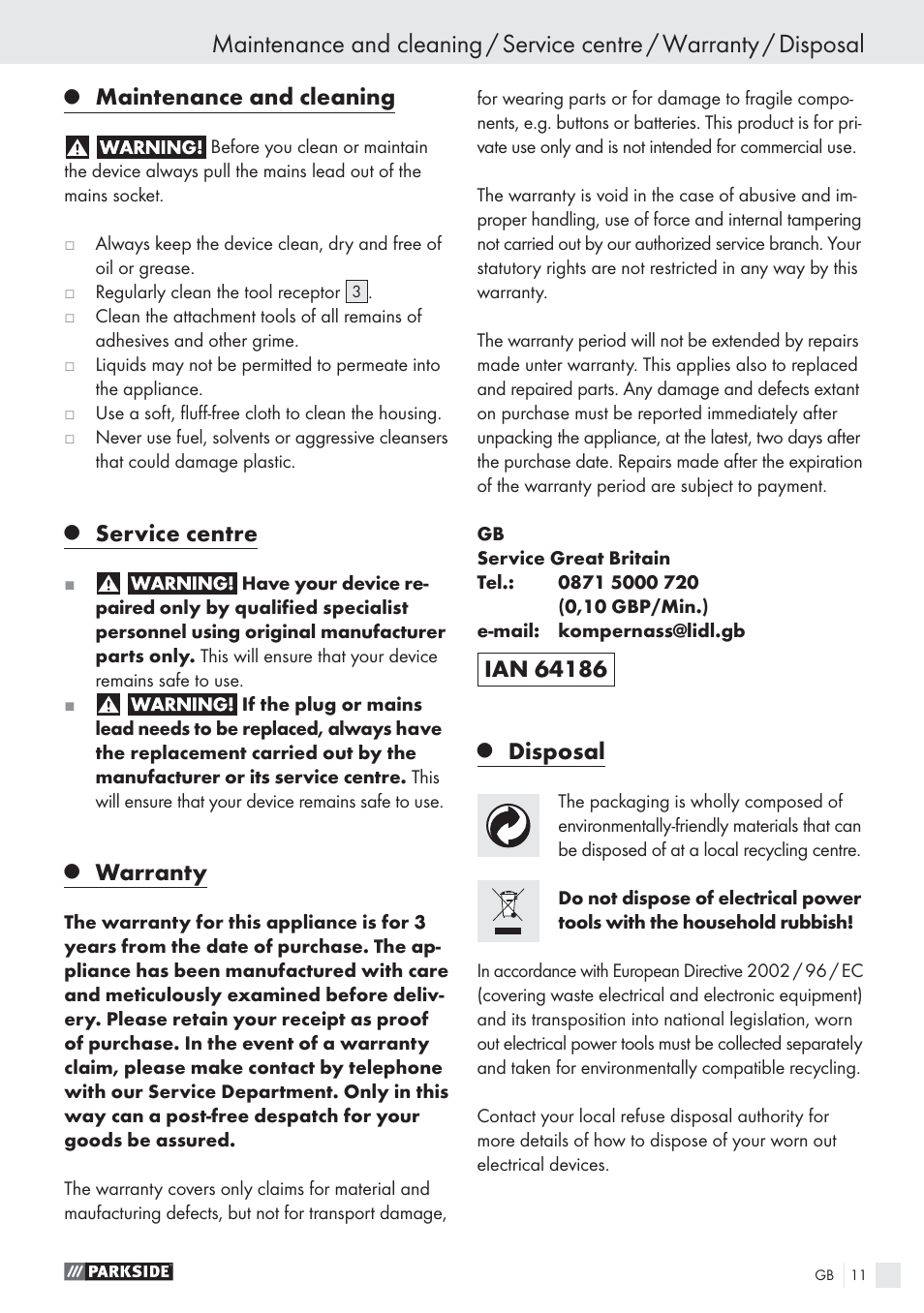 Maintenance and cleaning, Service centre, Warranty | Disposal | Parkside PES 200 B1 User Manual | Page 11 / 65