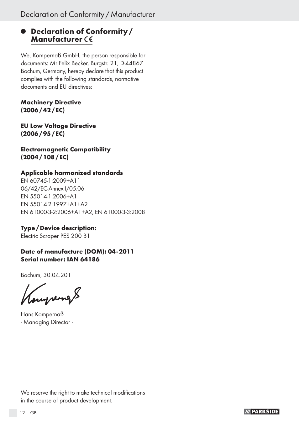 Declaration of conformity / manufacturer | Parkside PES 200 B1 User Manual | Page 12 / 65
