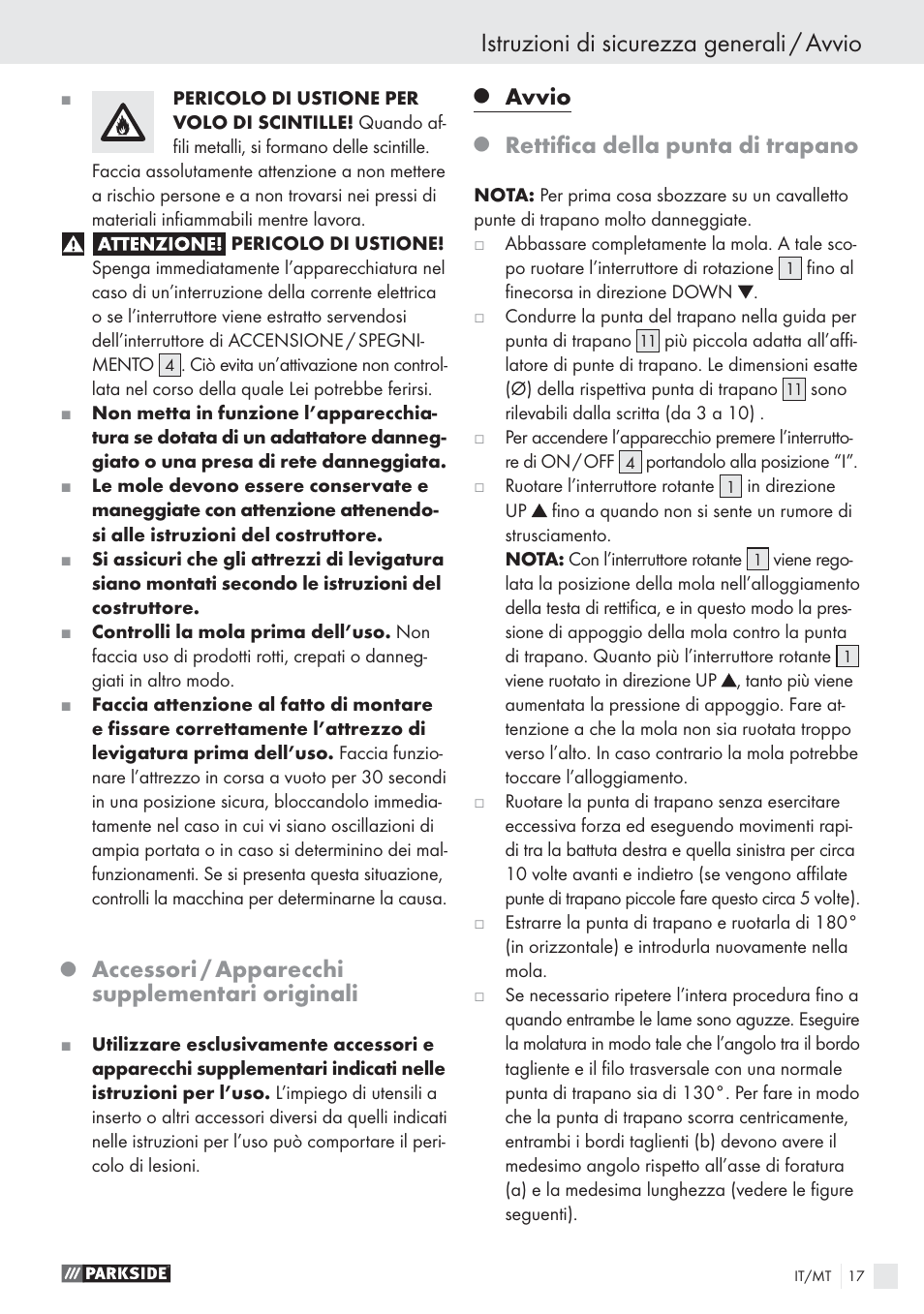 Istruzioni di sicurezza generali / avvio, Accessori / apparecchi supplementari originali, Avvio | Rettiﬁca della punta di trapano | Parkside PBSG 55 A1 User Manual | Page 17 / 45