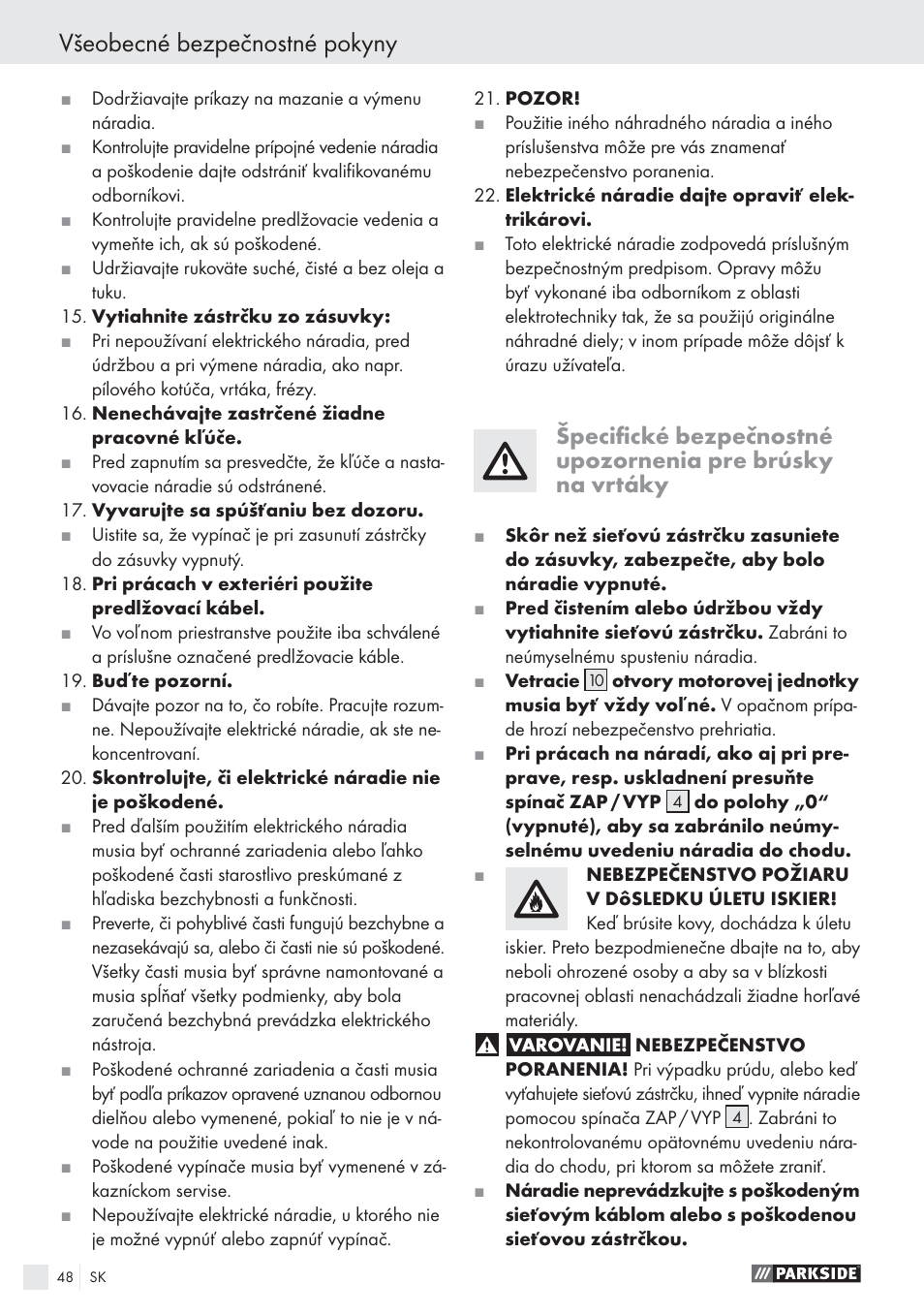 Všeobecné bezpečnostné pokyny | Parkside PBSG 55 A1 User Manual | Page 48 / 61