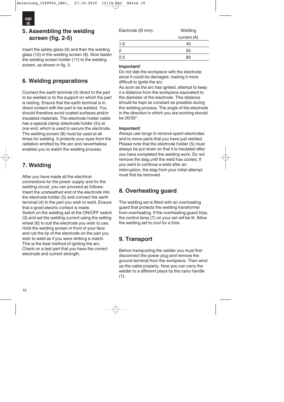 Assembling the welding screen (fig. 2-5), Welding preparations, Welding | Overheating guard, Transport | Parkside PESG 120 A1 User Manual | Page 10 / 16