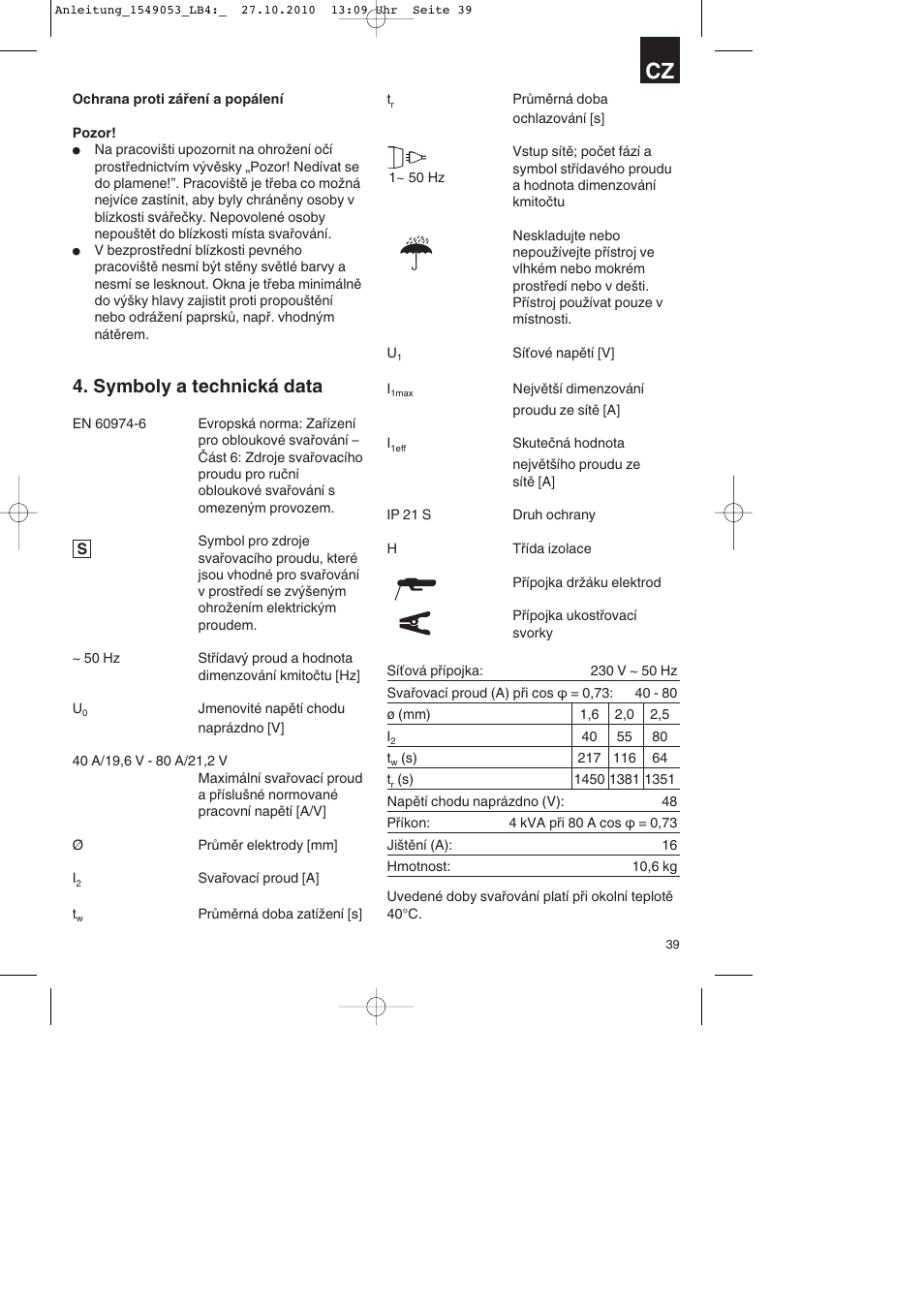 Symboly a technická data | Parkside PESG 120 A1 User Manual | Page 39 / 80
