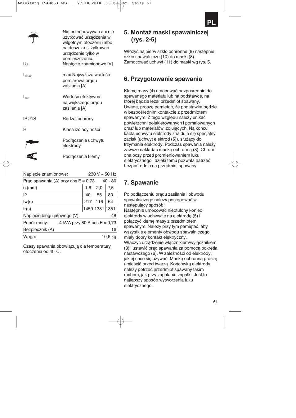 Montaż maski spawalniczej (rys. 2-5), Przygotowanie spawania, Spawanie | Parkside PESG 120 A1 User Manual | Page 61 / 80