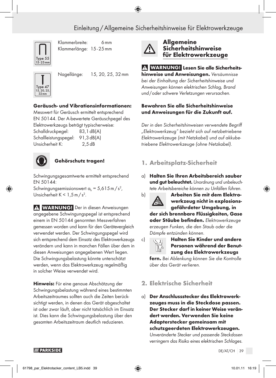 Arbeitsplatz-sicherheit, Elektrische sicherheit | Parkside PET 25 A1 User Manual | Page 38 / 44