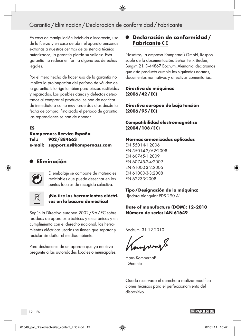 Eliminación, Declaración de conformidad / fabricante | Parkside PDS 290 A1 User Manual | Page 11 / 47