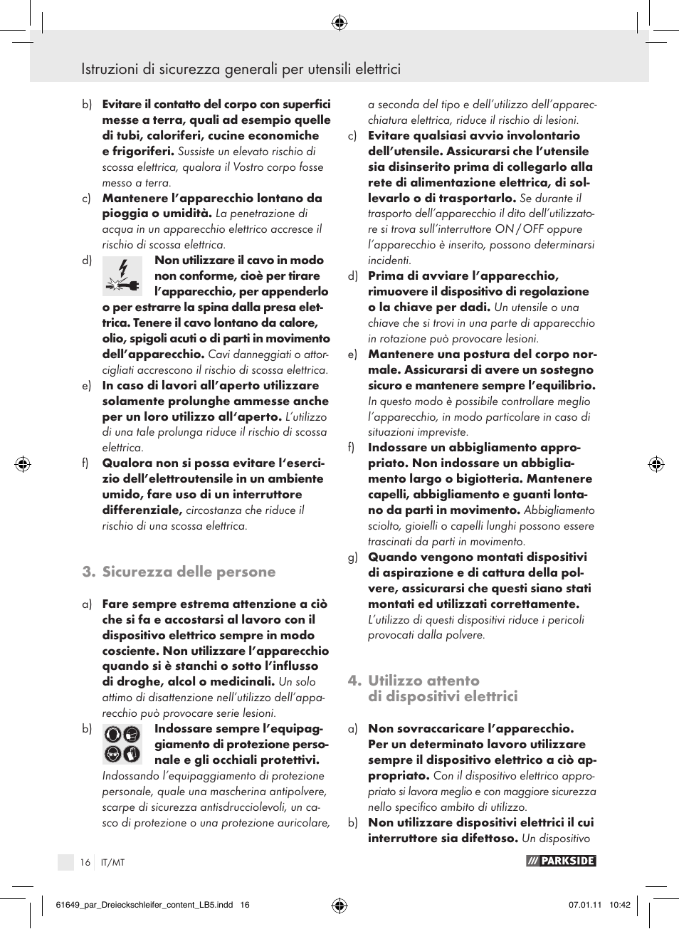 Sicurezza delle persone, Utilizzo attento di dispositivi elettrici | Parkside PDS 290 A1 User Manual | Page 15 / 47