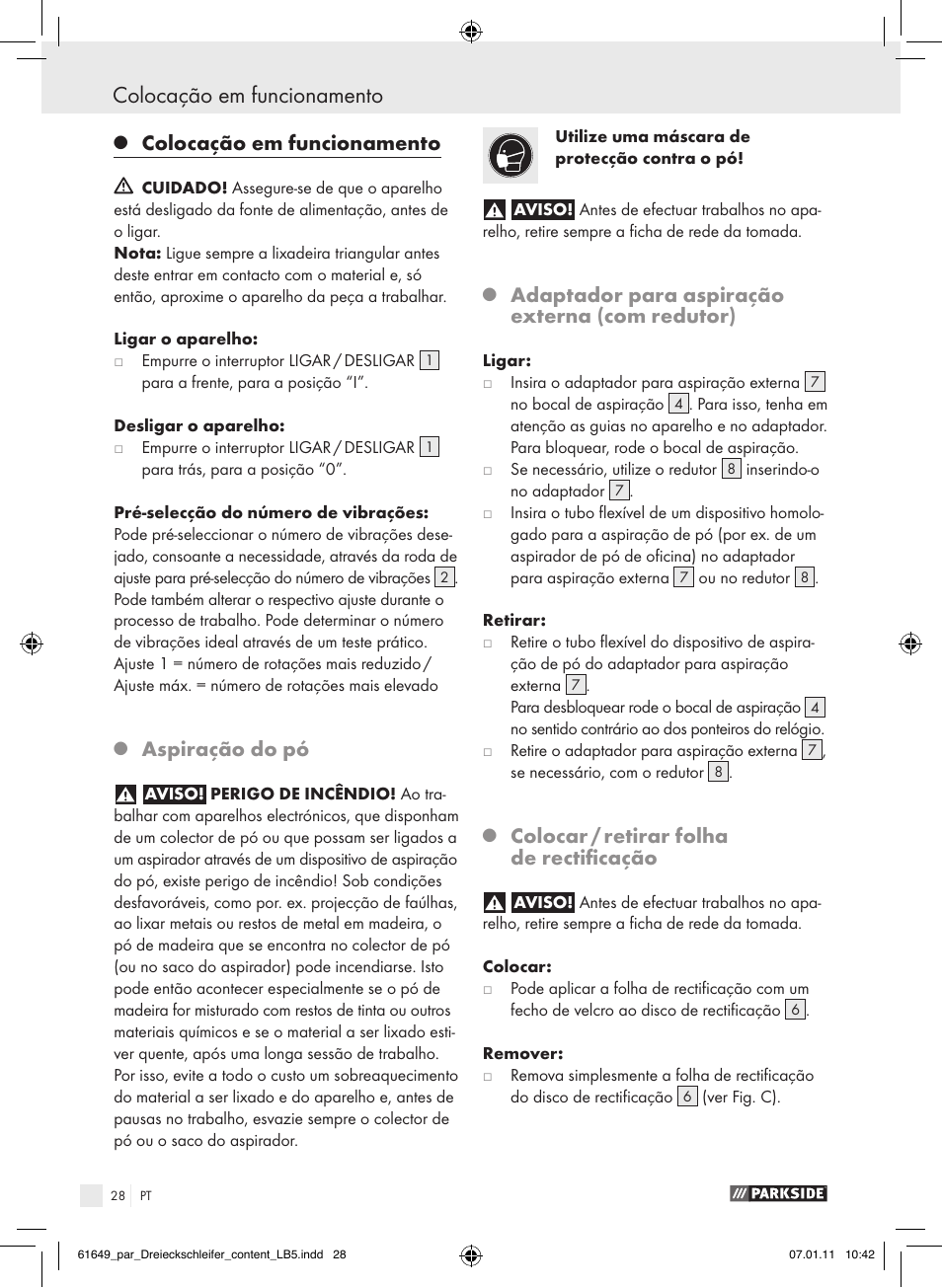 Colocação em funcionamento, Aspiração do pó, Adaptador para aspiração externa (com redutor) | Colocar / retirar folha de rectificação | Parkside PDS 290 A1 User Manual | Page 27 / 47